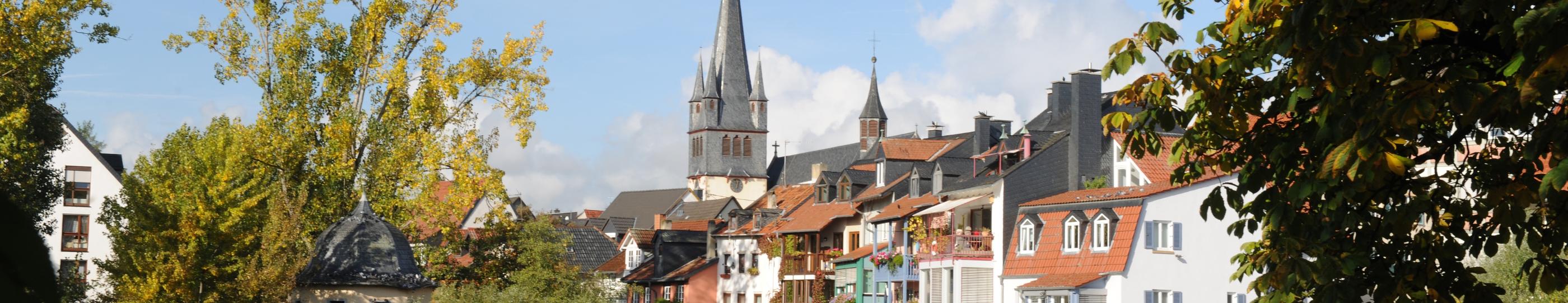 Blick auf die Ellerbachmündung in die Nahe und im Hintergrund der Turm der St.-Nikolaus-Kirche