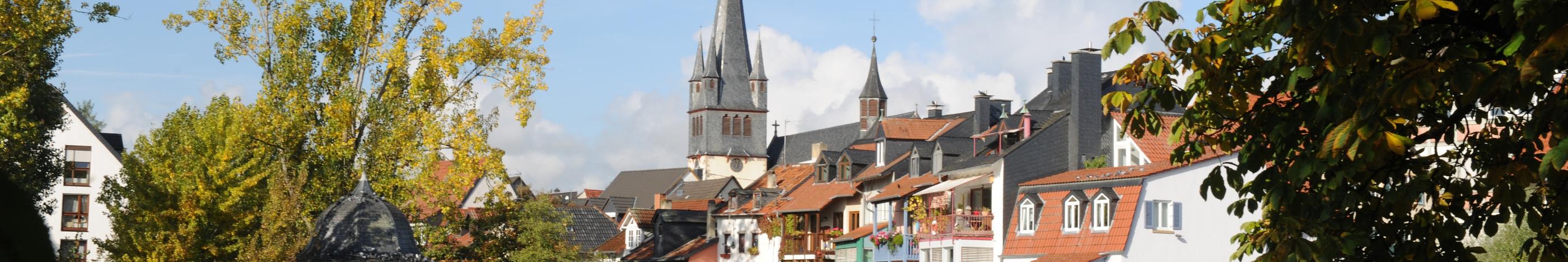 Blick auf die Ellerbachmündung in die Nahe und im Hintergrund der Turm der St.-Nikolaus-Kirche