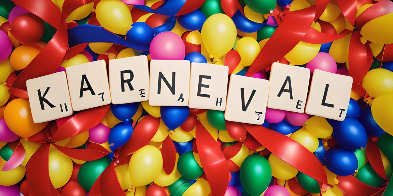 Das Bild zeigt bunte Luftballons mit Luftschlangen und dem Wort 'Karneval' aus einzelnen Holzbuchstaben