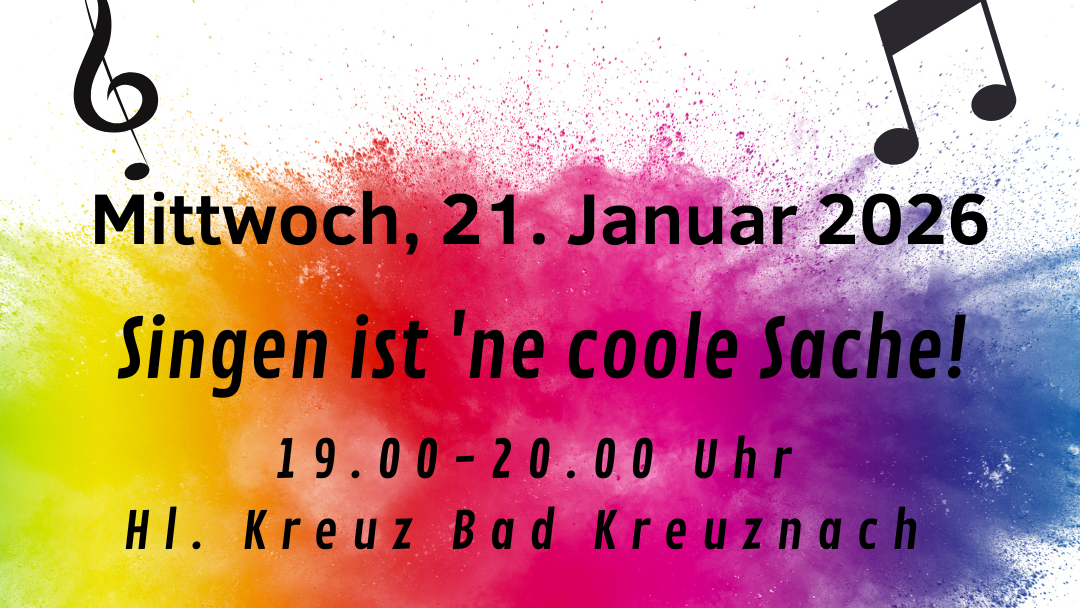 Das Bild zeigt eine bunte Wolke im Zentrum, Notenschlüssel und Noten an den vier Ecken und in der Mitte den Einladungstext zum offenen Singen
